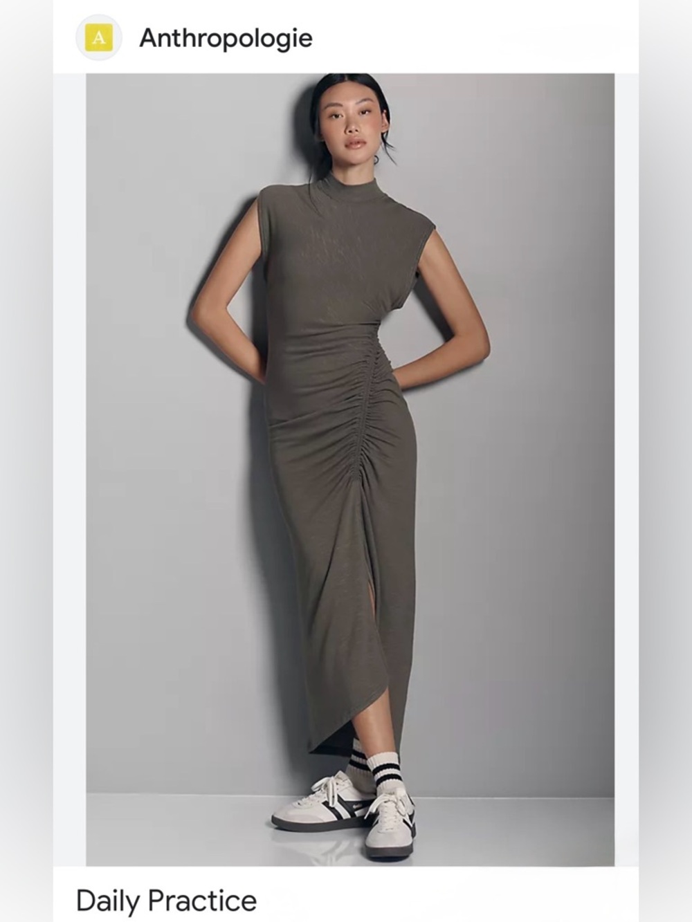 Anthropologie Daily Practice Olive Ruched Dress- size XS